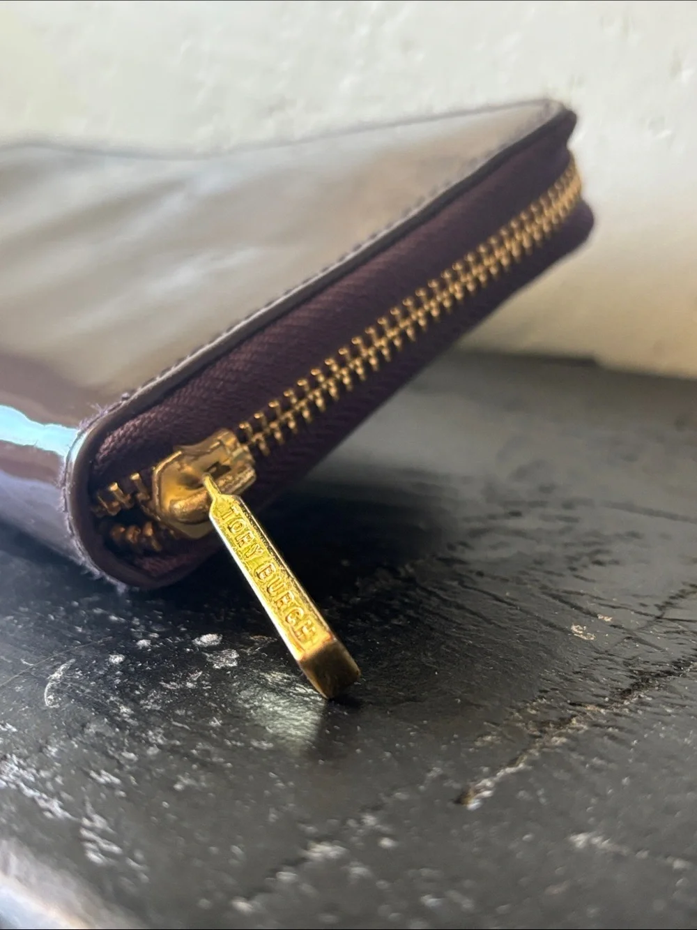 Tory Burch Patent Bow Zip Continental Wallet in Plum Purple